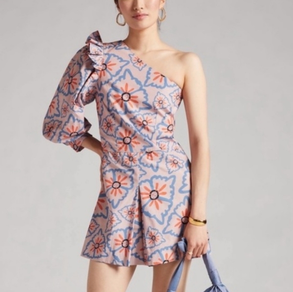 NEW Atelier 1756 One Shoulder Floral Romper Small Ruffled Balloon Sleeve Chic